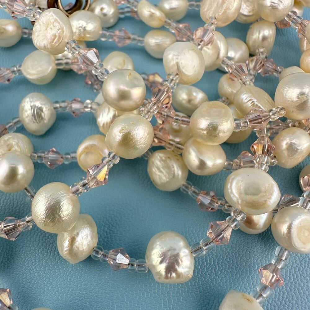Vintage Freshwater Pearl Necklace Long Flapper 60" Pink Crystal Bead Spacers
